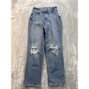 New Old Navy Jean Womens Sz 4 Blue Curvy O.G. Loose High Rise Distressed Whisker